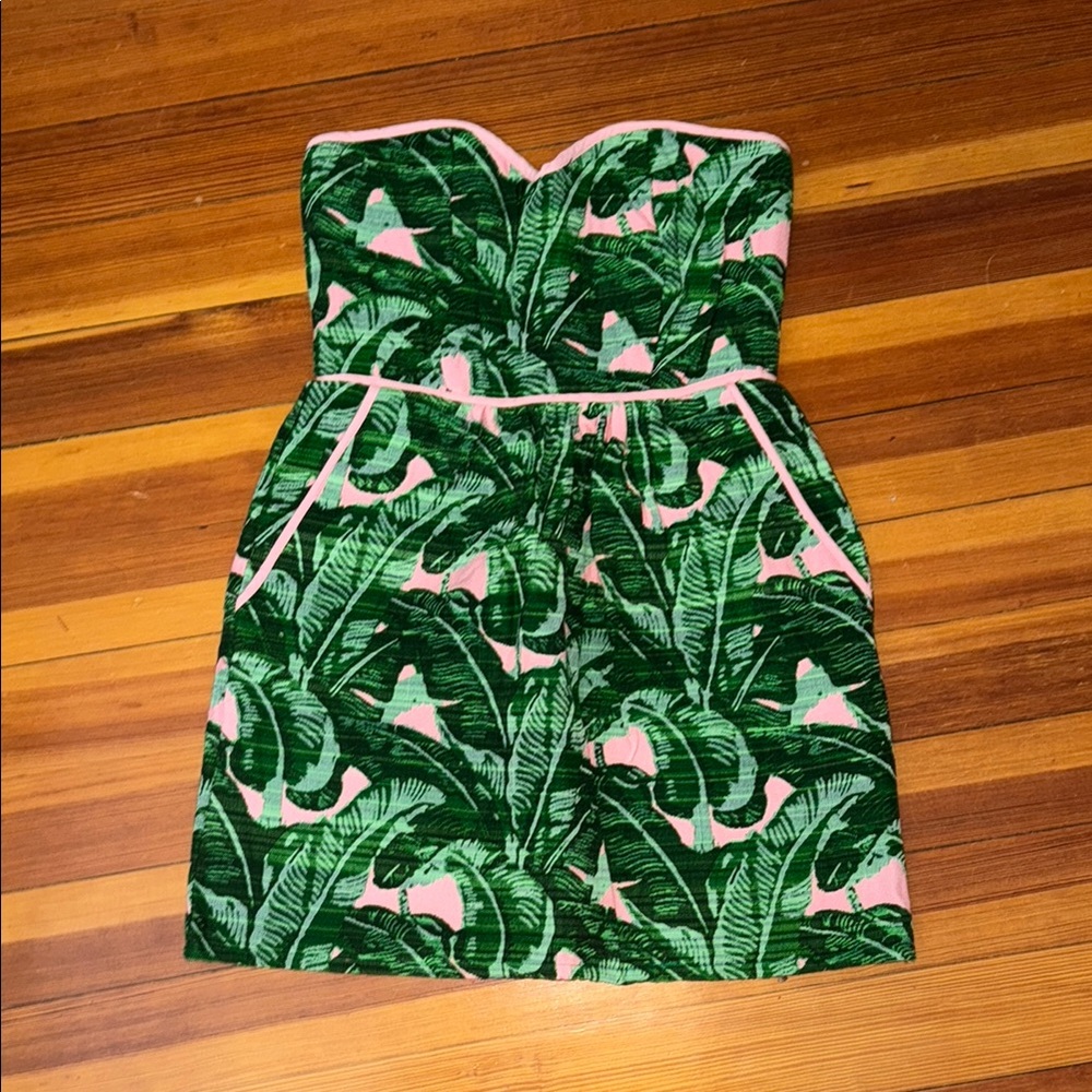 Strapless Green and Pink Leaf Print Dress